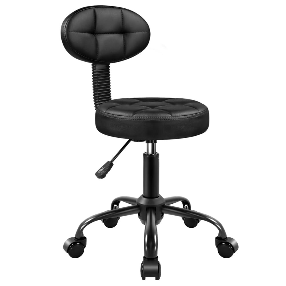 BFTOU Round Stool with Back for Work SPA Shop Home Massage Height Adjustable Swivel Stool Chair with Wheels (Black)