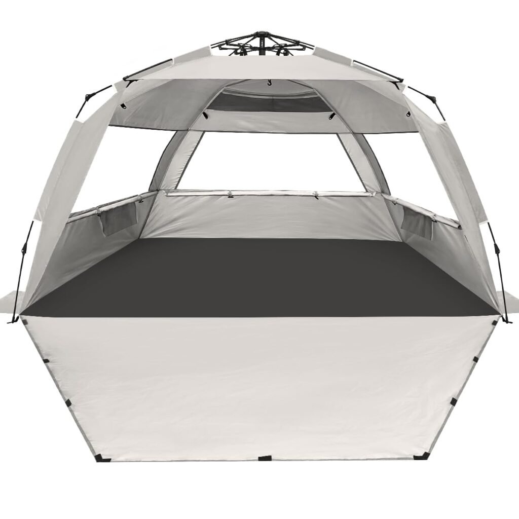 WhiteFang Deluxe XL Pop Up Beach Tent Sun Shade Shelter for 3-4 Person, UV Protection, Extendable Floor with 3 Ventilating Windows Plus Carrying Bag, Stakes, and Guy Lines (Baby's Breath)