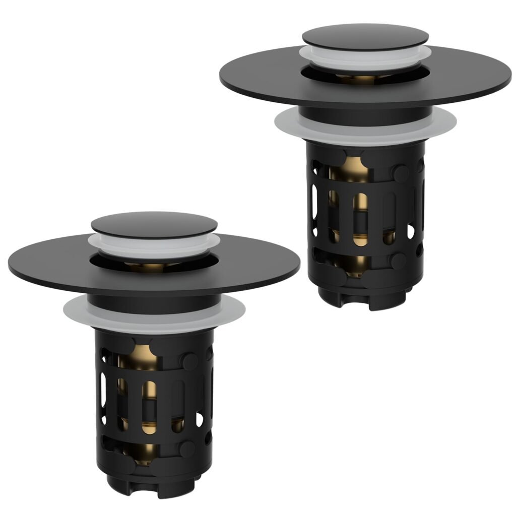 Hibbent 2 Pack 3 in 1 Bathroom Sink Drain Strainer, Universal Pop Up Stopper with Removable Stainless Steel Filter Basket Hair Catcher, Sink Plug for 1.1''~2.36'' Basin, Brass Bullet Core, Matte Black