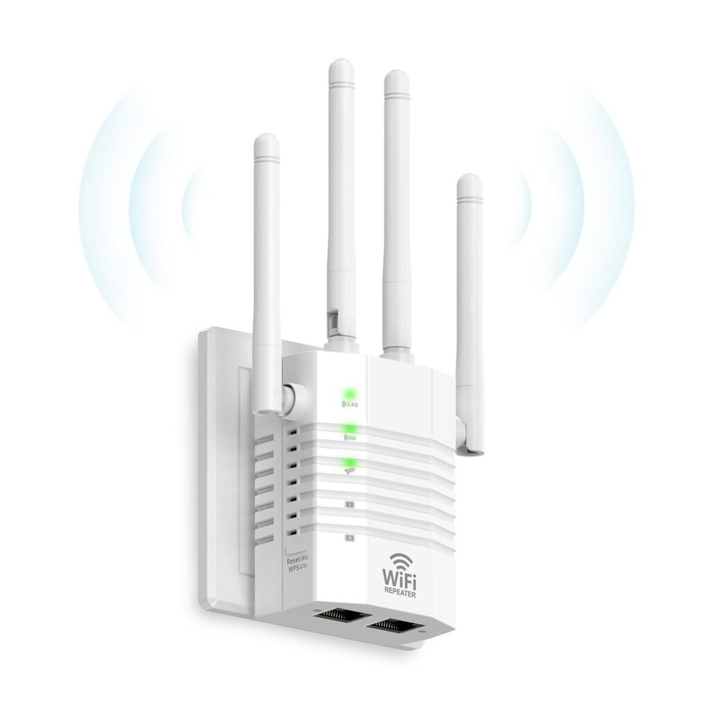 AOOEPU 1200Mbps Dual - Band WiFi Extender Signal Booster, WiFi Extender with 4 Antennas, WiFi Booster Covers Up to 12880 Sq.ft & 105 Devices, WiFi Repeater with Wall - Plug Signal Booster for Home