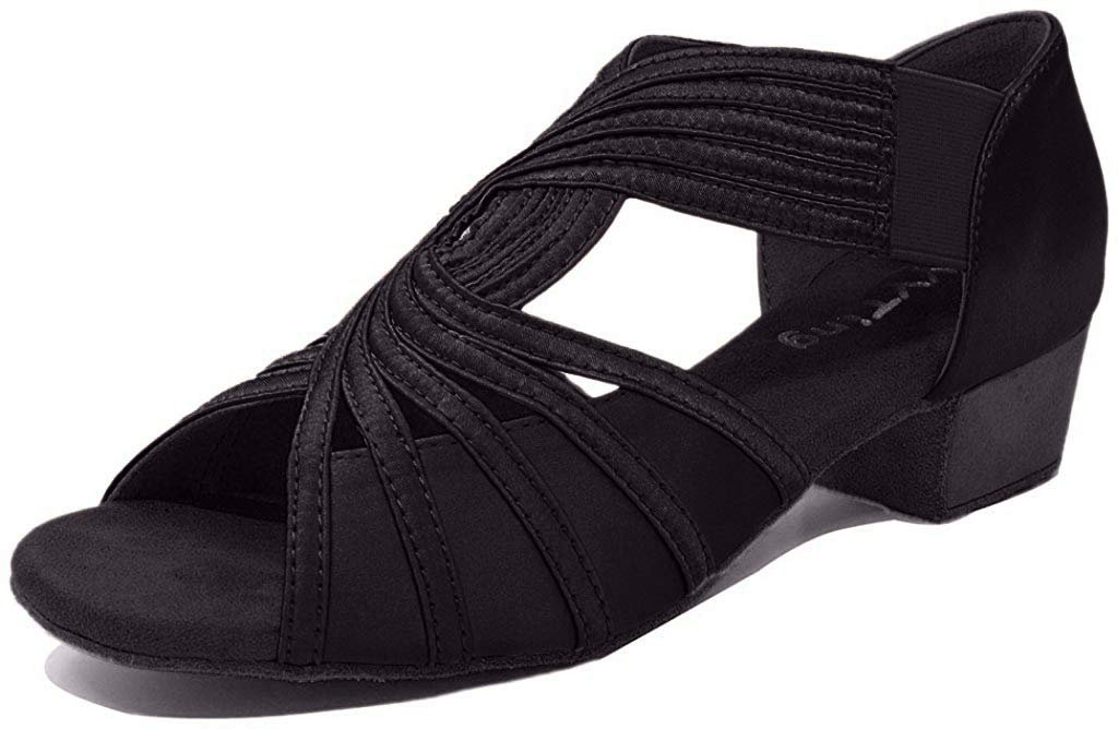 Low Heel Women Ballroom Dance Shoes Salsa Batchata Social Beginner Practice Wedding Dancing 1.5'' Heels YT04(8.5, Black)
