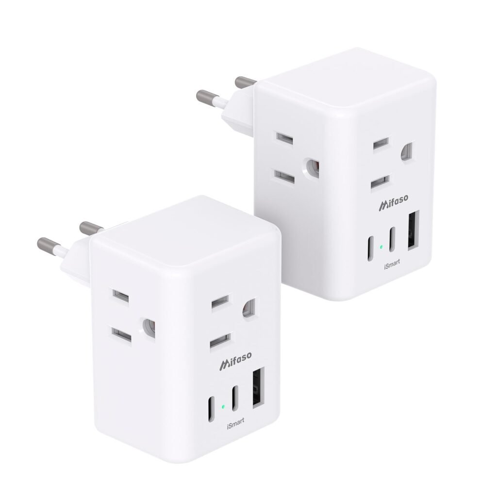 2 Pack European Travel Plug Adapter, Mifaso International Power Plug Adapter with 3 Outlets 3 USB