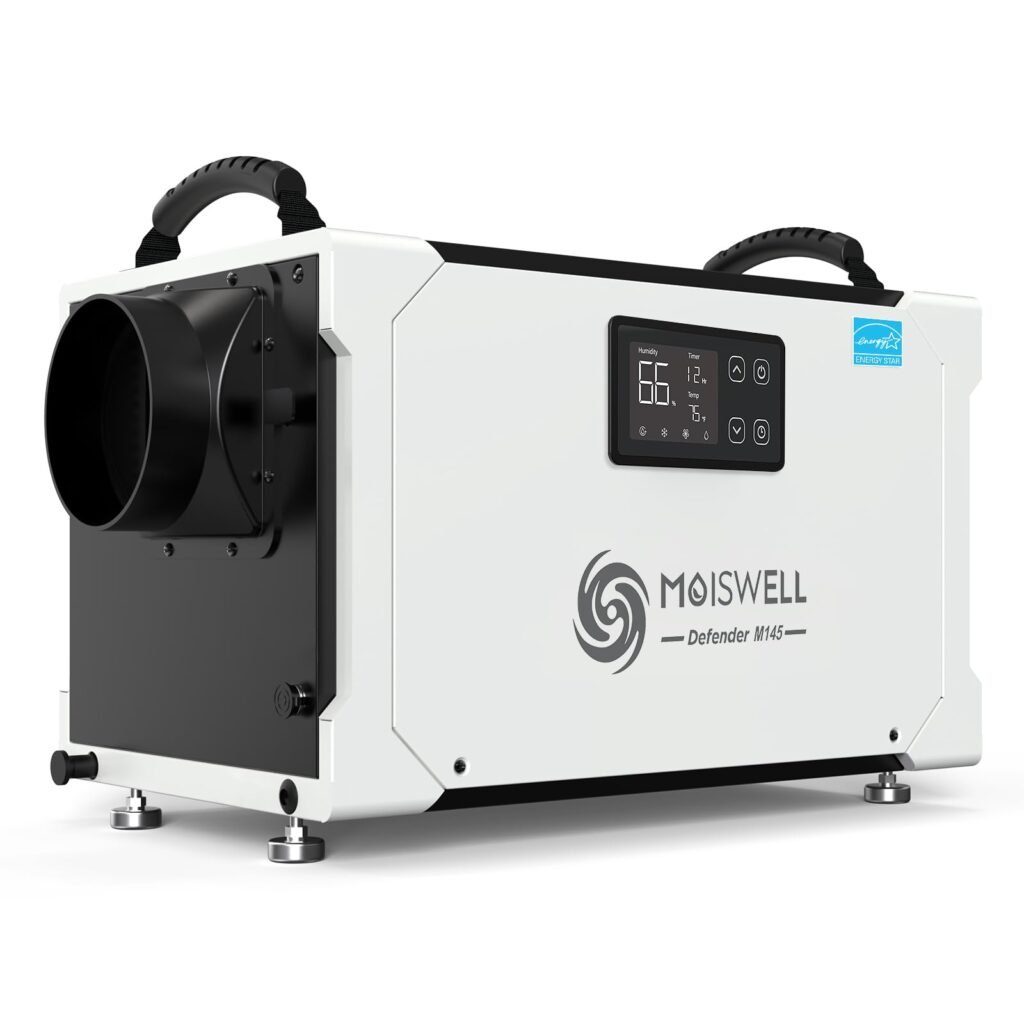 Moiswell 145 Pint Commercial Dehumidifier with Drain Hose for Crawl Spaces, Basements, Industry Water Damage Unit, Large Capacity, Compact, Portable, Auto Defrost, Memory Starting