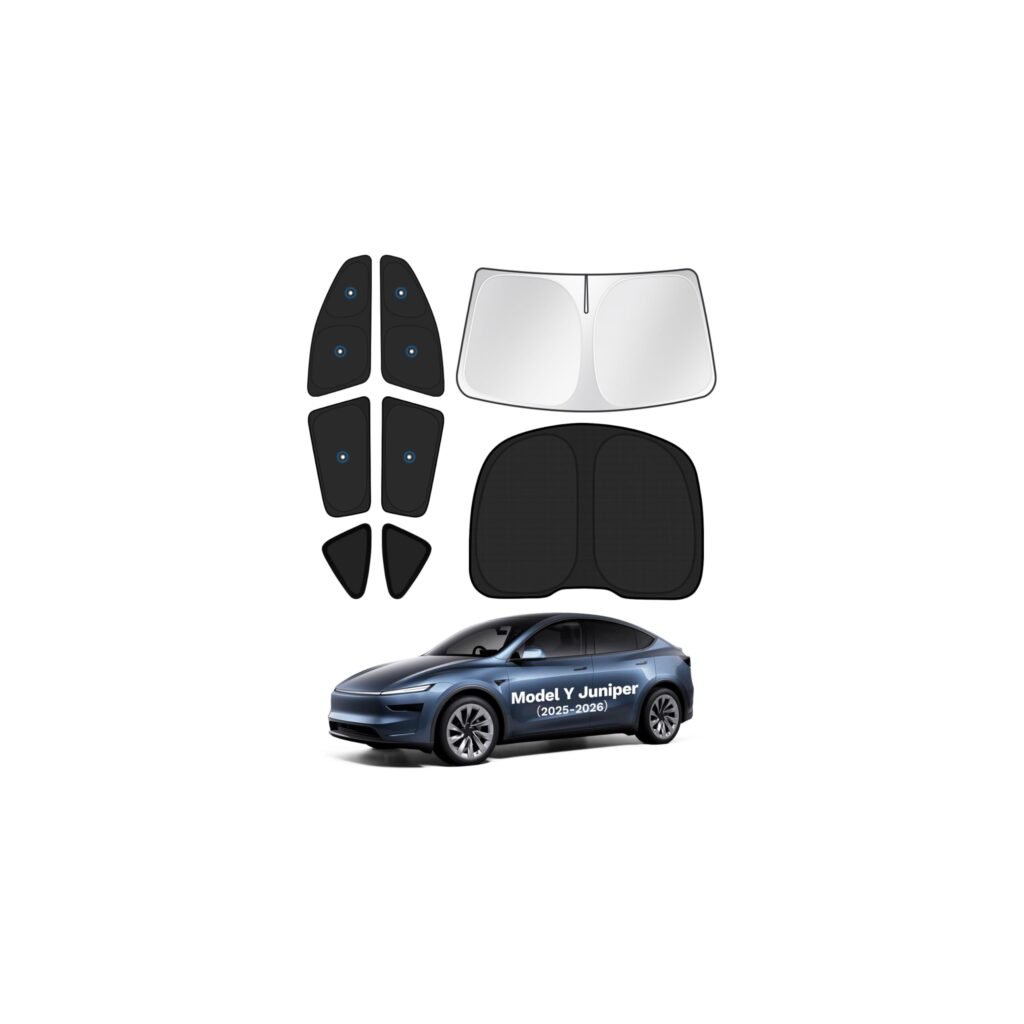 KUST Car Window Shades for 2025 2026 New Tesla Model Y Juniper Accessories with No-Fall Suction Cups Windshield Sun Shade Side Rear Window Covers Sunshade Privacy Protection for Camping Blackout 8PCS