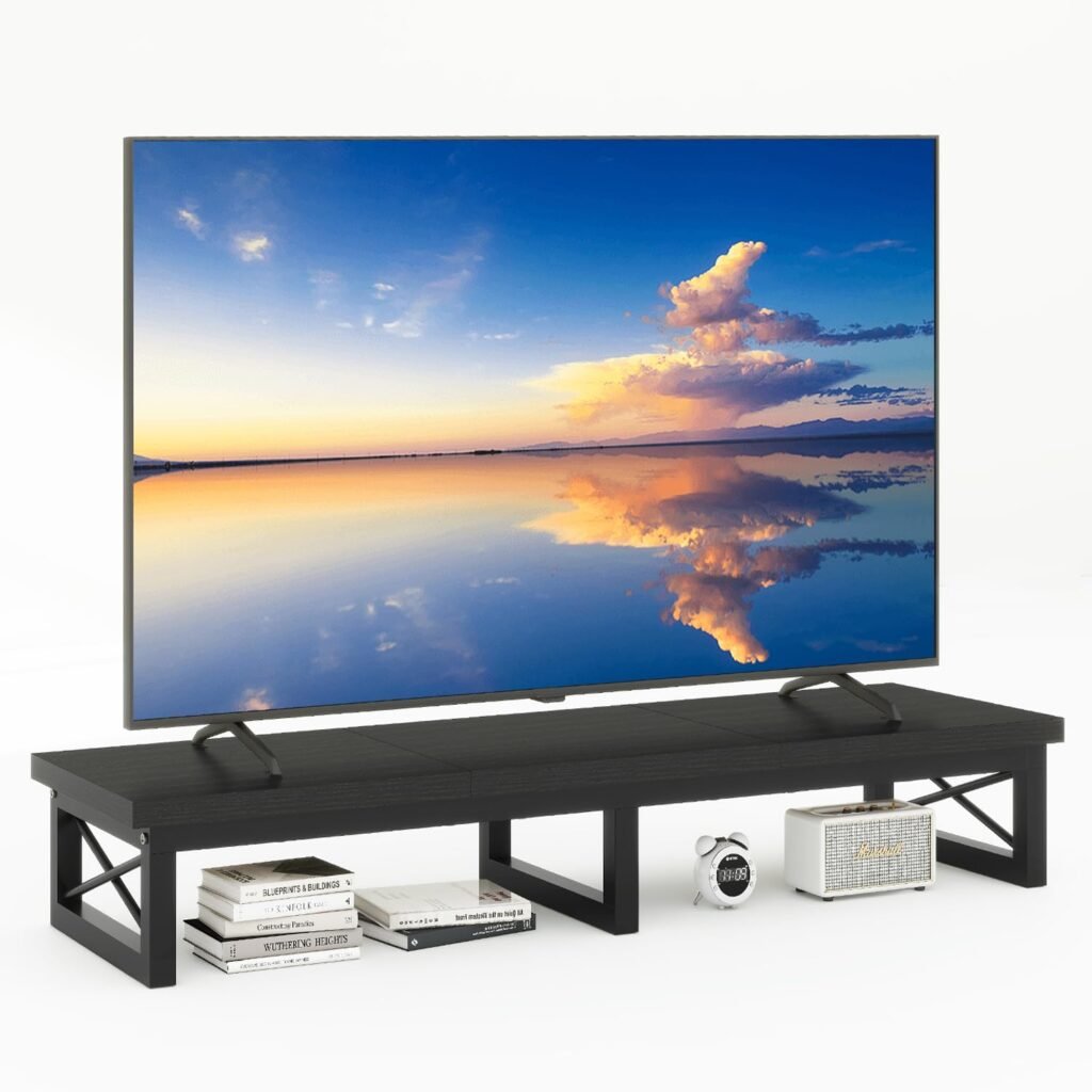 IBUYKE 45" Large TV Riser for 32-60 inch TV,Tabletop Short TV Stand with Storage and Steel Legs,Dual Screen Office Desk,Stand Riser,TV Riser Stand for Home,Bedroom,Living Room,Black TVT002B