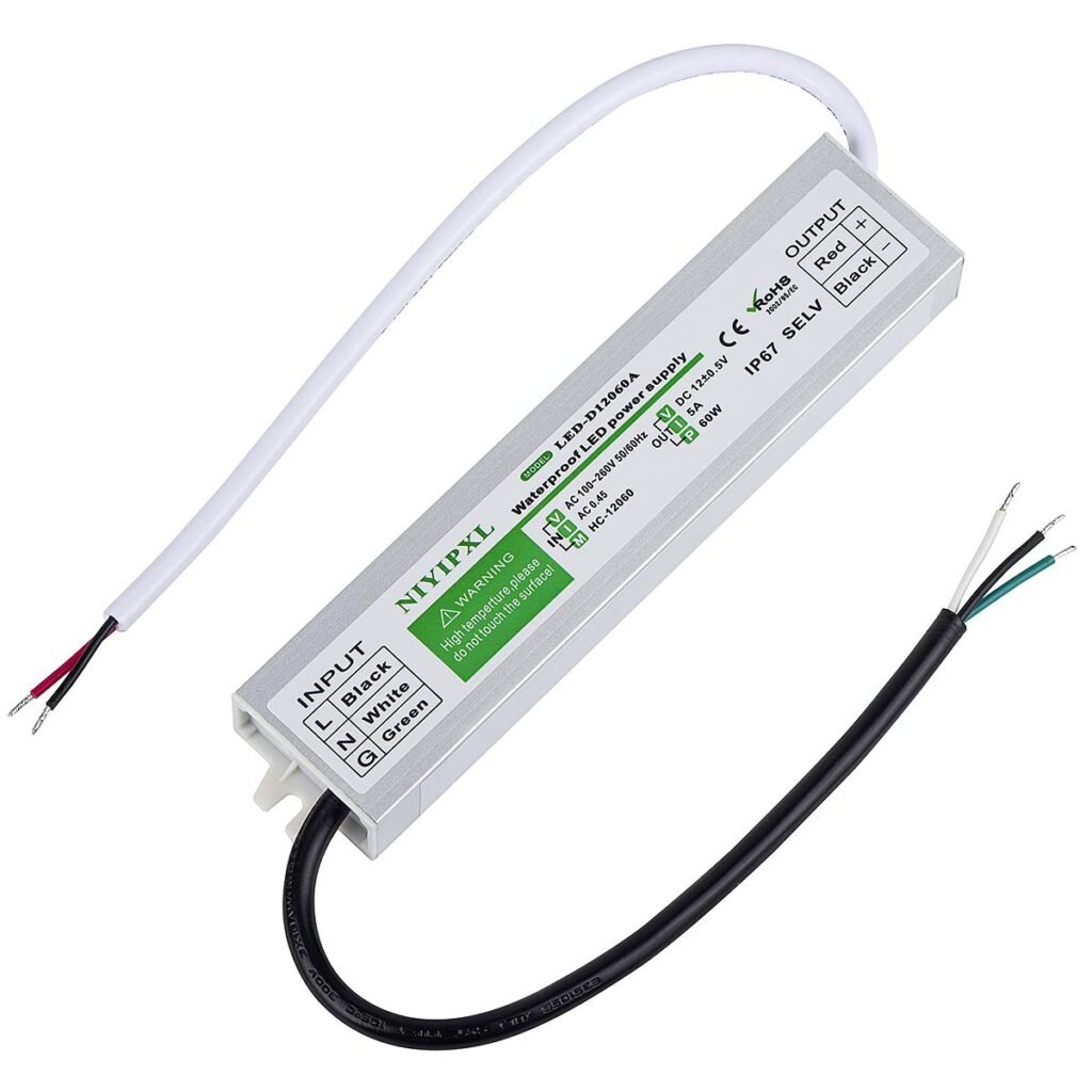 LED Driver 60 Watts Waterproof IP67 Power Supply Transformer Adapter 100V-260V AC to 12V DC Low