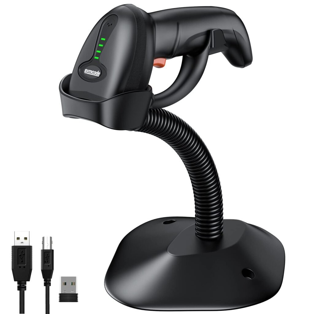 Symcode Bluetooth Wireless Barcode Scanner with Auto-Sensing Stand,Putting on Stand to Scan