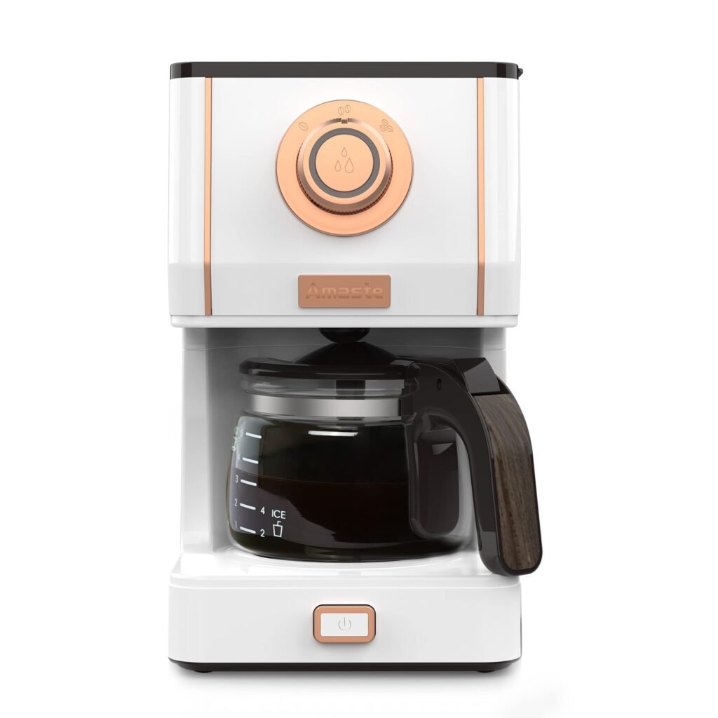 Amaste Retro Style Coffee Machine with 25 Oz Glass Coffee Pot, Reusable Coffee Filter & Three Brewing Modes, Warming Plate, Elegant White with Rose Gold