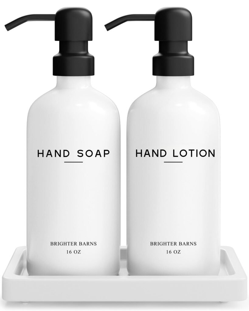 Brighter Barns White Glass Soap Dispenser Set with Tray
