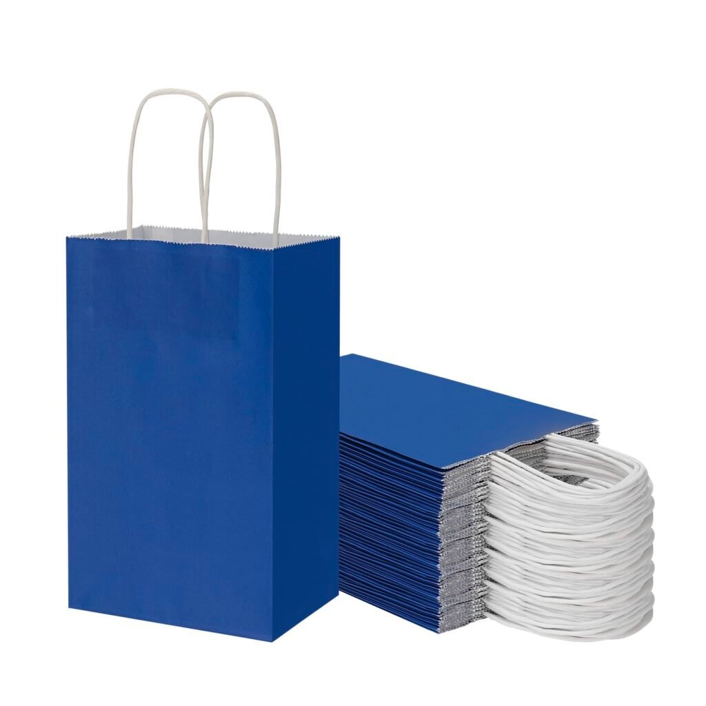 50 Pack 5.25x3.25x8.25 Inch Small Royal Blue Kraft Paper Bags with Handles Bulk, Toovip Gift Wrap