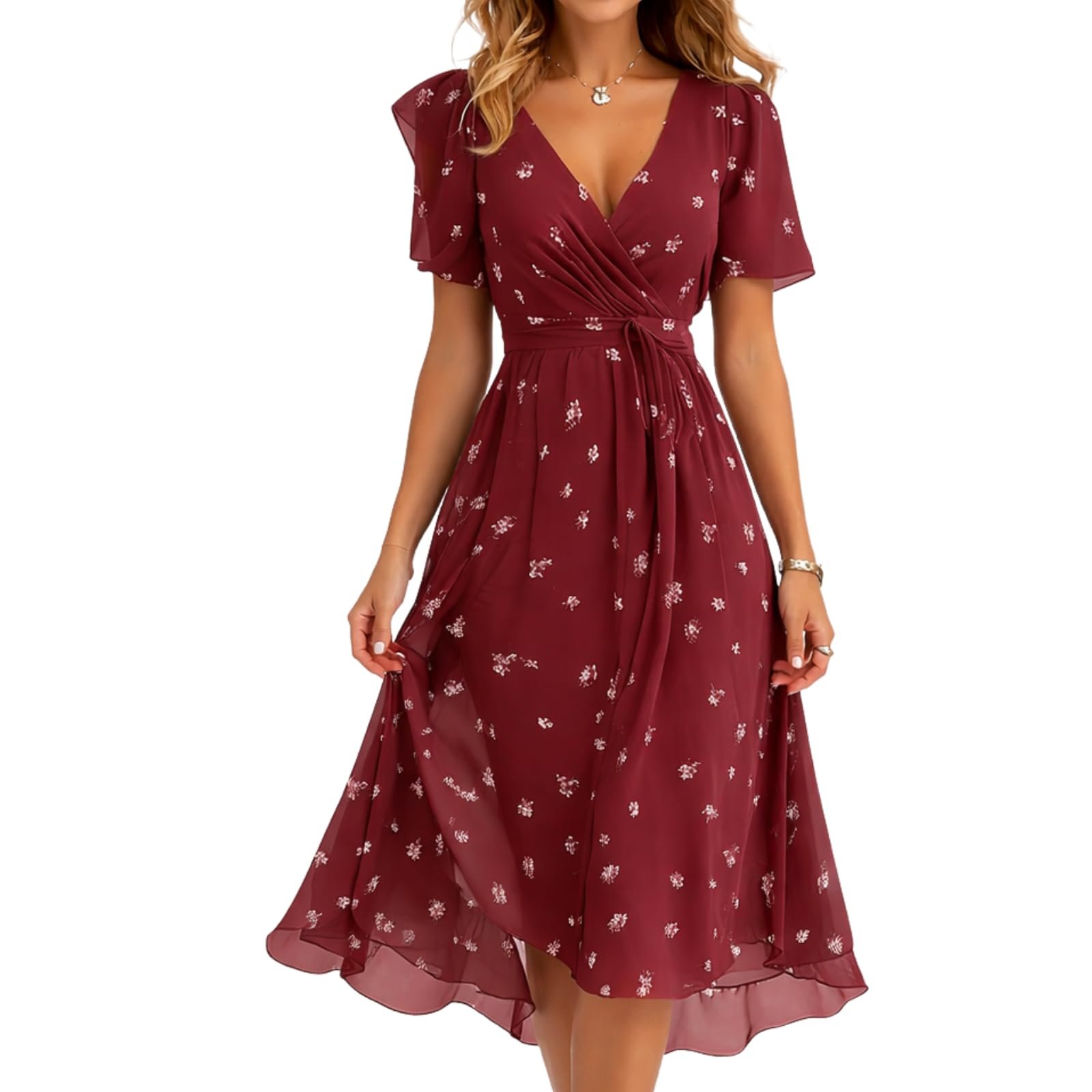 BPJZIM Women's Floral Chiffon Midi Dress, Medium