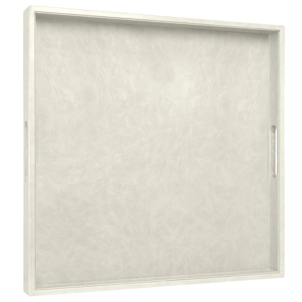 LNFUMS 20 x 20 inches Leather Square Serving Tray with Hole Handles,High-End Light Large Service Tray for Ottoman Tray, Tea, Food, Butler - Countertop, Kitchen,Family Dinner, Picnic (White)