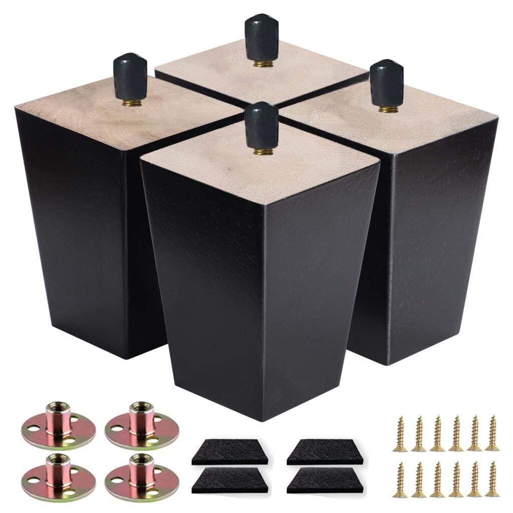 Txcucc Sofa Legs Square Bed Feet 5 inch Wood Replacement Leg for Furniture Set of 4,Black (5”, 4set)