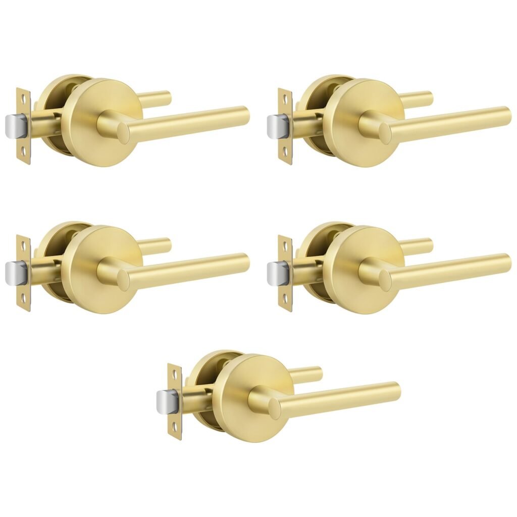 goldenwarm Brushed Gold Lever Passage Door Handles, Zinc-Alloy Heavy Duty Gold Hall and Closet Door Handle, Lever Door Handles, Passage Door Hardware for Hallways and Closets (5 Pack