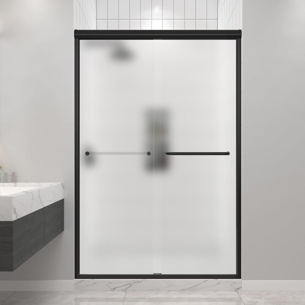 *** SIMILAR NOT EXACT *** FELYL Frosted Double Sliding Shower Door 43-48" W x 72" H, Matte Black,