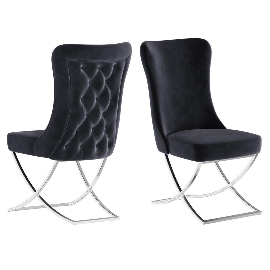 Ottomanson Royal Dining Chairs Set of 4 – Upholstered Tufted Microfiber, Assembled, Silver Metal Legs, Beech Wood Frame, 350 lb Capacity, Black