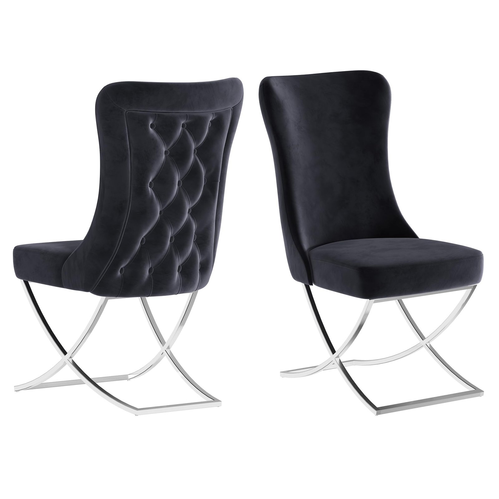 Ottomanson Royal Dining Chairs Set of 4 – Upholstered Tufted Microfiber, Assembled, Silver Metal Legs, Beech Wood Frame, 350 lb Capacity, Black