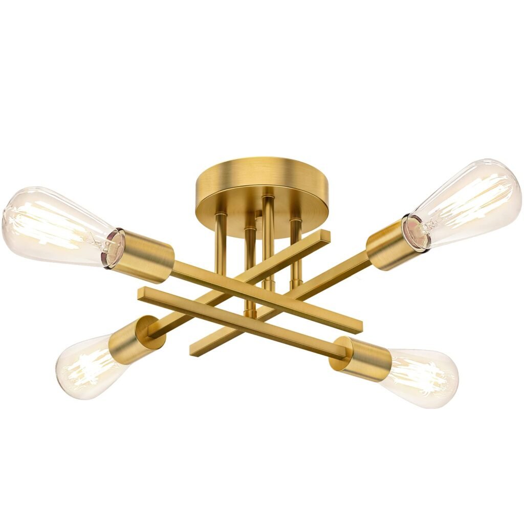 Gold Semi Flush Mount Ceiling Light Fixture, 4-Light Modern Industrial Sputnik Chandelier Light Fixture, Flush Mount Ceiling Lamp for Kitchen Bedroom Living Room Dining Room Closet, E26 Bulb Sockets