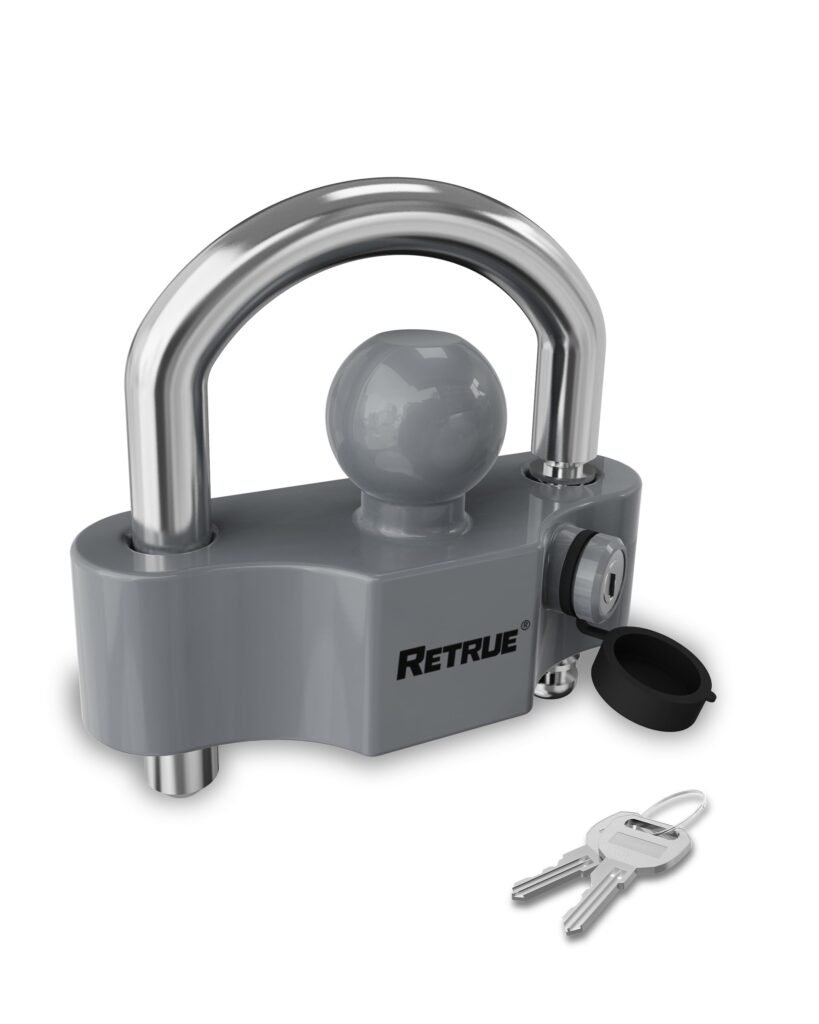 RETRUE Heavy-Duty Universal Coupler Lock Trailer Locks Ball Hitch Trailer Hitch Lock Adjustable Security Steel Fits 1-7/8 Inch, 2 Inch, 2-5/16 Inch Couplers Grey & Silver