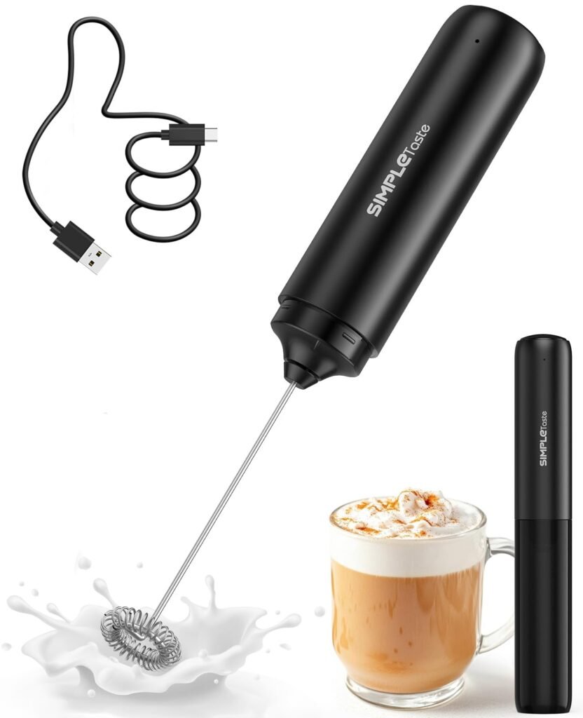 SIMPLETaste Milk Frother Wand Rechargeable Handheld Drink Mixer, USB-C Electric Whisk with Stainless Steel Whisk for Coffee, Lattes, Cappuccino, Matcha, Hot Chocolate&Creamer