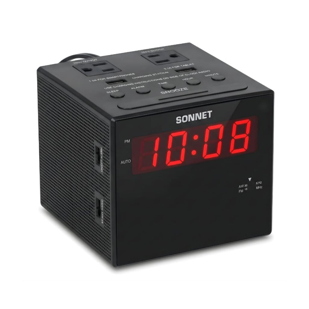 Sonnet Alarm Clock Charging Station, AM FM Radio, Dual USB Charging Ports, Dual AC Outlets, Very