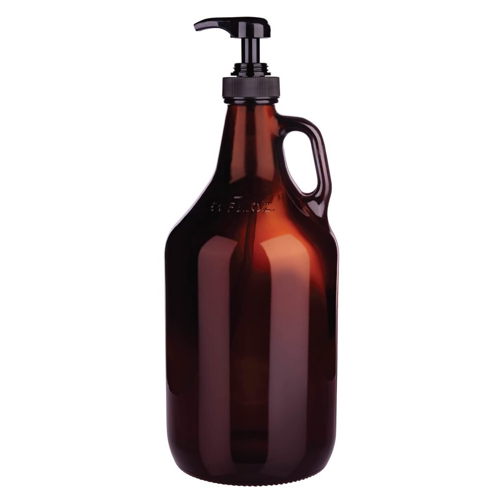 Kitchentoolz Half Gallon Glass Pump Dispenser Bottle - 64 oz Amber Jug