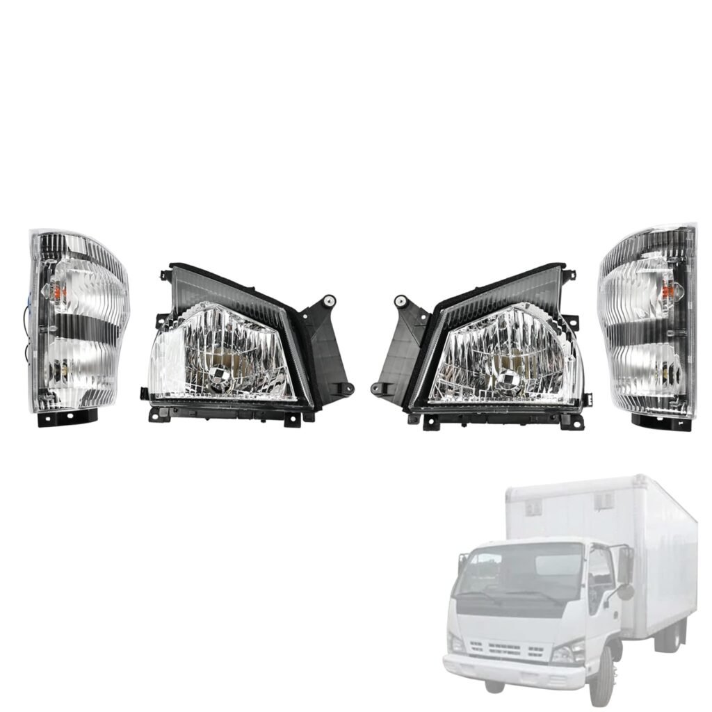 Getfarway Headlight & Corner Lamp Left and Right Side Fit for Isuzu NPR NQR 2004-2007 Fit for GMC W-4500 2005-2007 Replace 8-97376-911-3 8-97376-912-3 8980108940 Headlamp w/Corner Light Wiring Harness