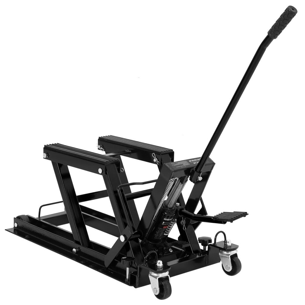 *Untested*
Garvee Hydraulic Motorcycle Lift Jack 1500 LB Heavy Duty ATV/UTV/Dirt Bike Lift with 4.7 in -14.57 in Height Range, Non-Slip Platform & Safety Lock, Garage Scissor Jack, Car Maintenance Tool, Black