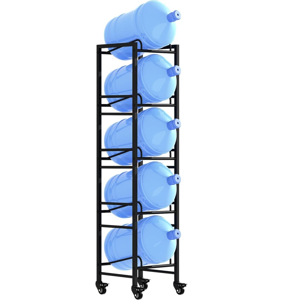 Vorshape 5 Gallon Water Jug Holder, Movable 5 Tier Heavy Duty Water Rack with 4 Wheels, Rack for