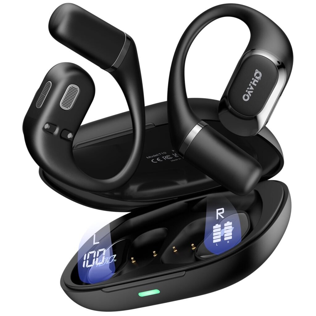 Open Ear Headphones,Over Ear Earbuds with Ergonomic Earhook,Bluetooth Headphones 5.4 with Smart Digital Display,40H Playtime,IPX6 Waterproof,Touch Control Operate Fit Cycling,Running,Workout(Black)
