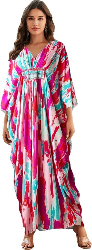 LOUSEA Ethnic Print Momo Dresses for Women Vneck Tie Dye Swimsuit Cover Ups Colorful Lougewear Dress One-Piece Beach Dress (Pint4,One Size)