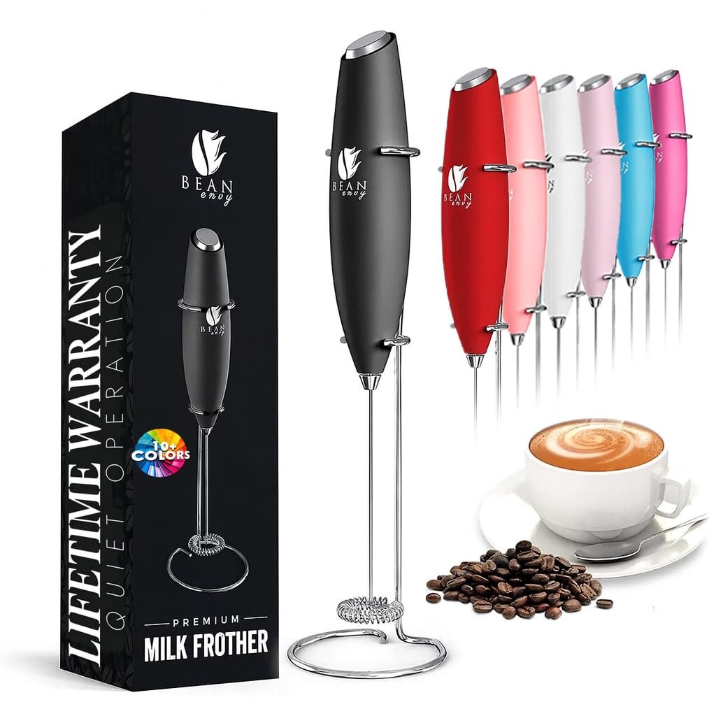 Bean Envy Milk Frother Handheld for Coffee - Mini Drink Mixer Whisk & Coffee Foamer Wand with Stand for Lattes, Cappuccino, Matcha and Hot Chocolate - Kitchen Gifts - Black
