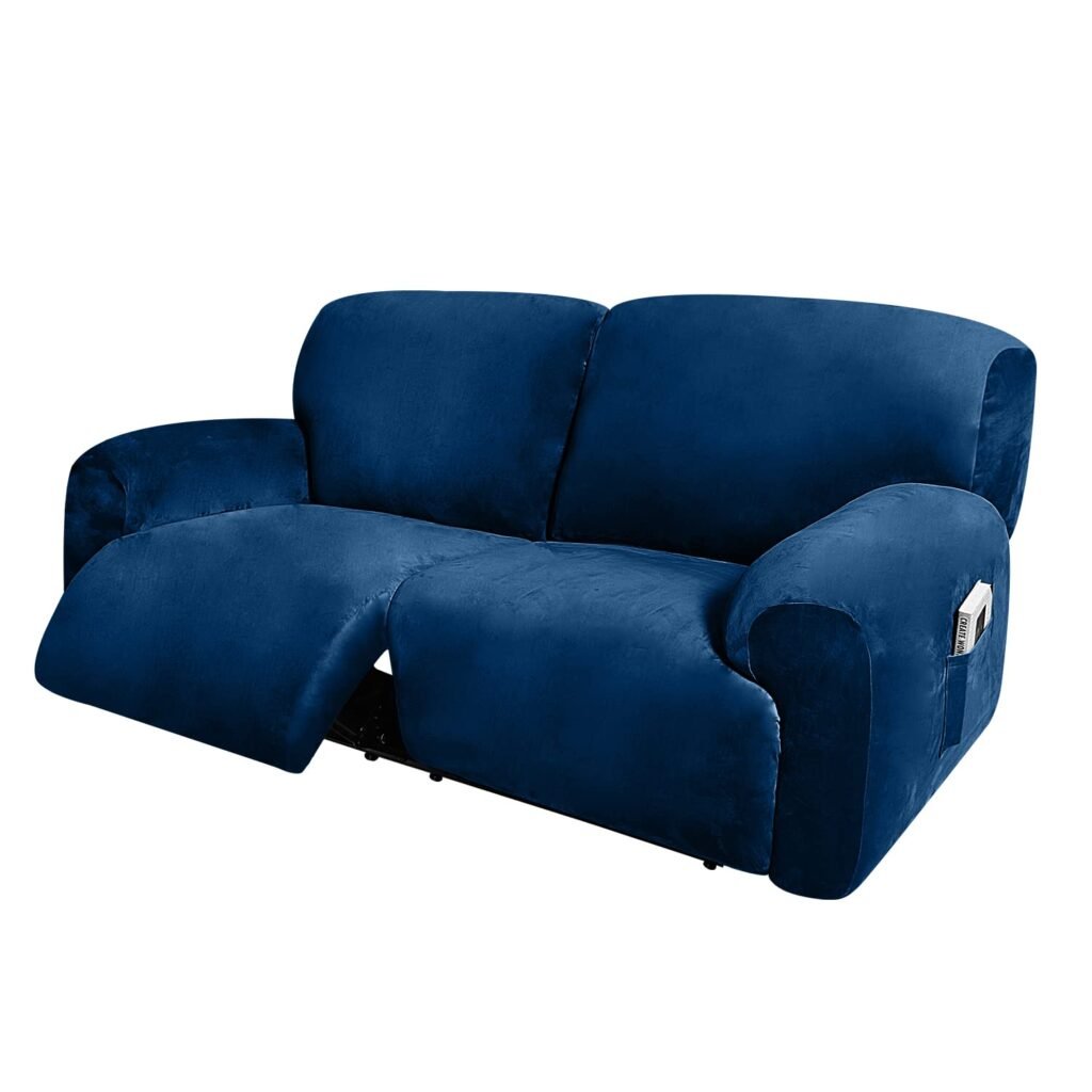 ULTICOR Extra Wide 75" - 100", Reclining 2 Seater Sofa Cover, Extra Wide Reclining Love Seat Slipcover, 6-Piece Velvet Stretch, Reclining Sofa Covers, Thick, Soft, Washable (Navy)