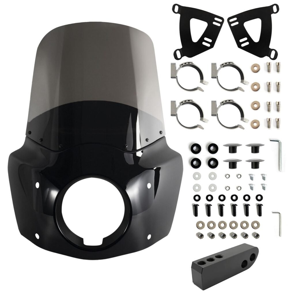 FATECIM Motorcycle 5.75" Headlight Fairing Cover with 15" Smoke Windshield & 48-58mm Mounting Kit for 2006-2017 Harley Dyna Softail Low Rider Street Bob Super Glide