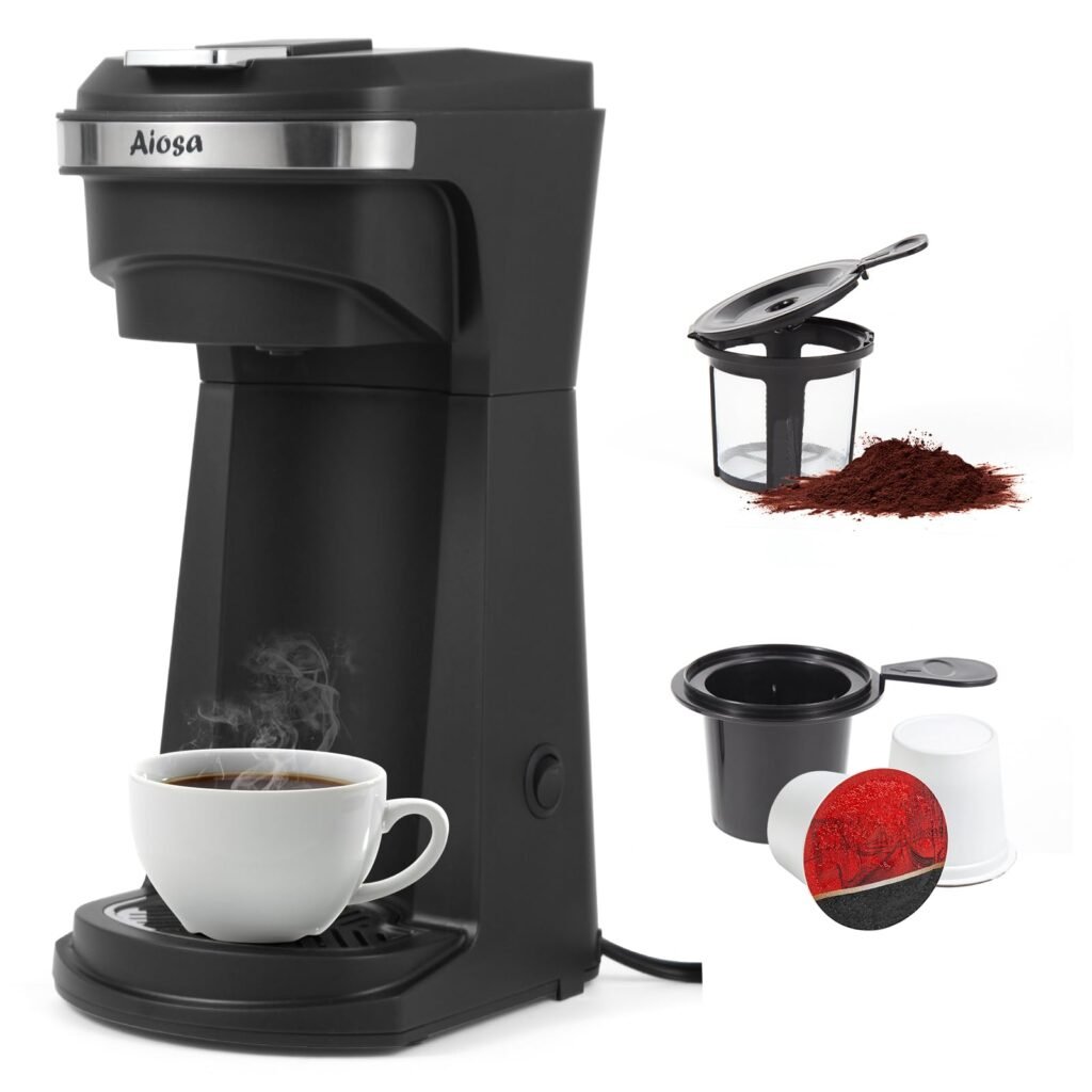 Aiosa 2 in 1 Single Serve Kcup Coffee Maker (6-14Oz), 800W Fast Brew, Compact Design with Reusable