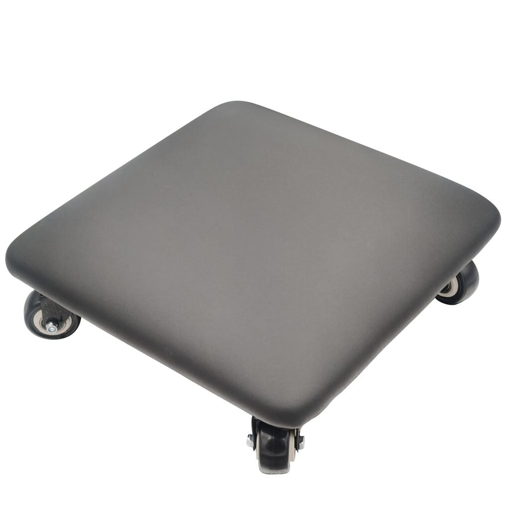 Btibpse Roller Seat 360 Degree Rotating Low Stool with Wheel Chair PU Leather Universal Swivel Wheels Stool for Home Office Fitness and Garage (Square Black)