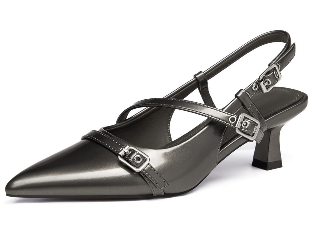 Coutgo Womens Slingback Kitten Heels Low Heel Closed Pointed Toe Pumps Buckle Strap Heeled Sandals Shoes, Dark Grey, Size 10