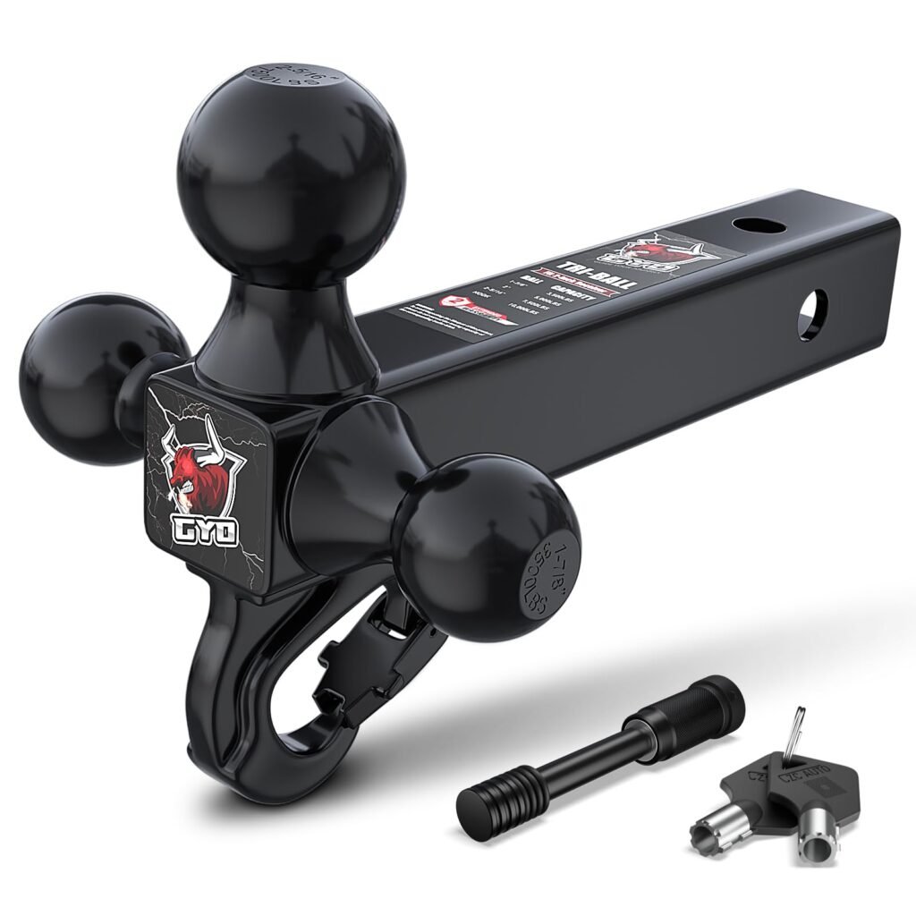 GYO 4 in 1 Trailer Hitch Ball Mount with Hook, Fits 2 inch Hitch Receiver,1-7/8", 2", 2-5/16" 10,000 LBS MAX GTW Matt Black Ball Hitch with pin Lock(2 Keys), Tow Hitch for SUV, ATV?RVs, and Truck