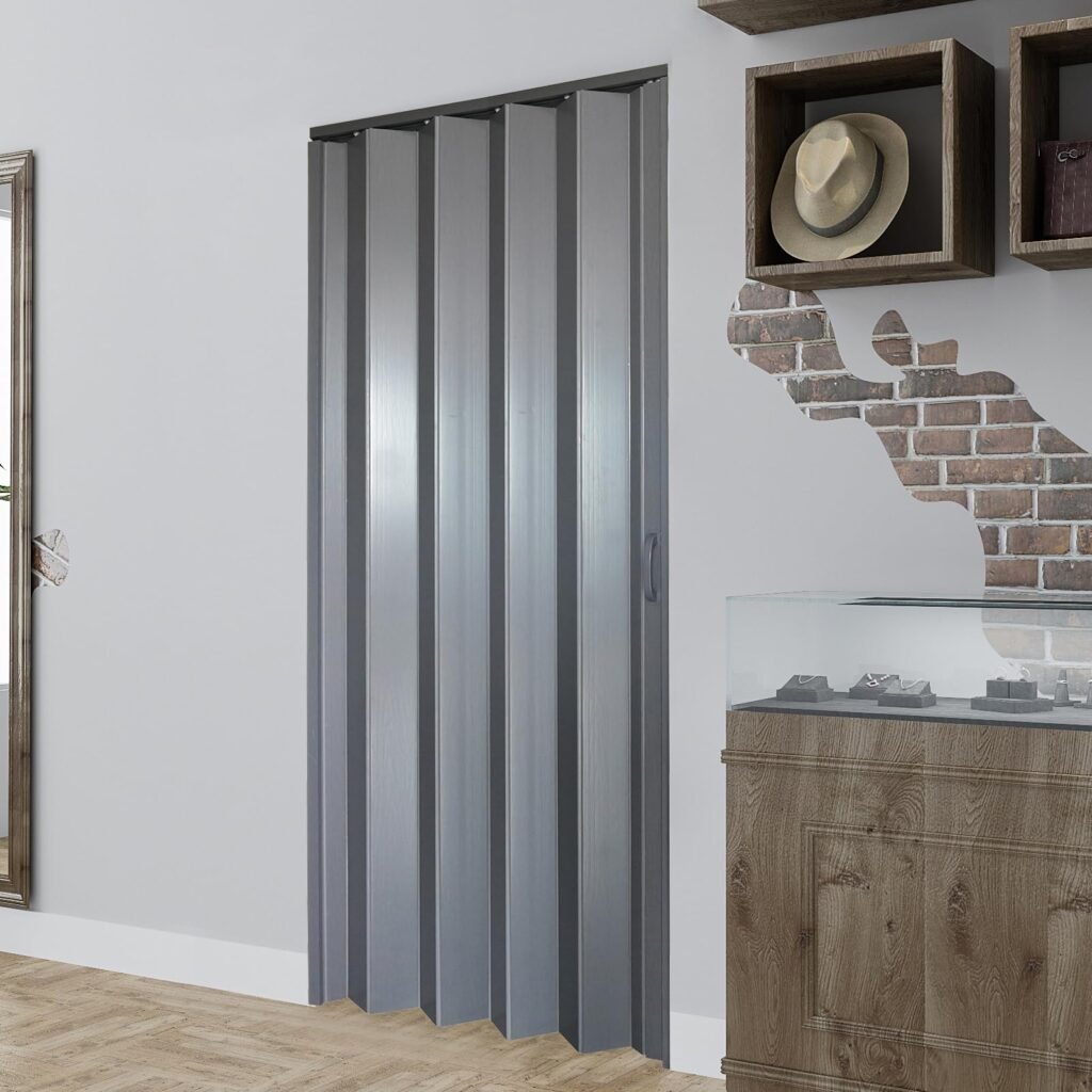 DIYHD 38X96in Interior Folding PVC Accordion Door,Grey,Include Door and Mounting Hardware,Handle,Latch