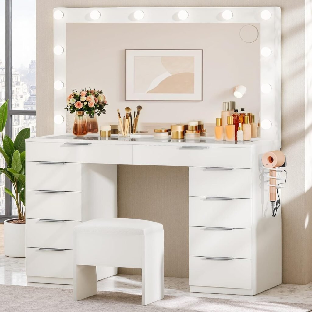 DWVO 46'' Glass Top Makeup Vanity with 10 Drawers, Vanity Desk Set with Large LED Mirror, Built-in Charging Station & Cushioned Storage Chair, Dressing Table with 3-Color Light Modes, Cream White