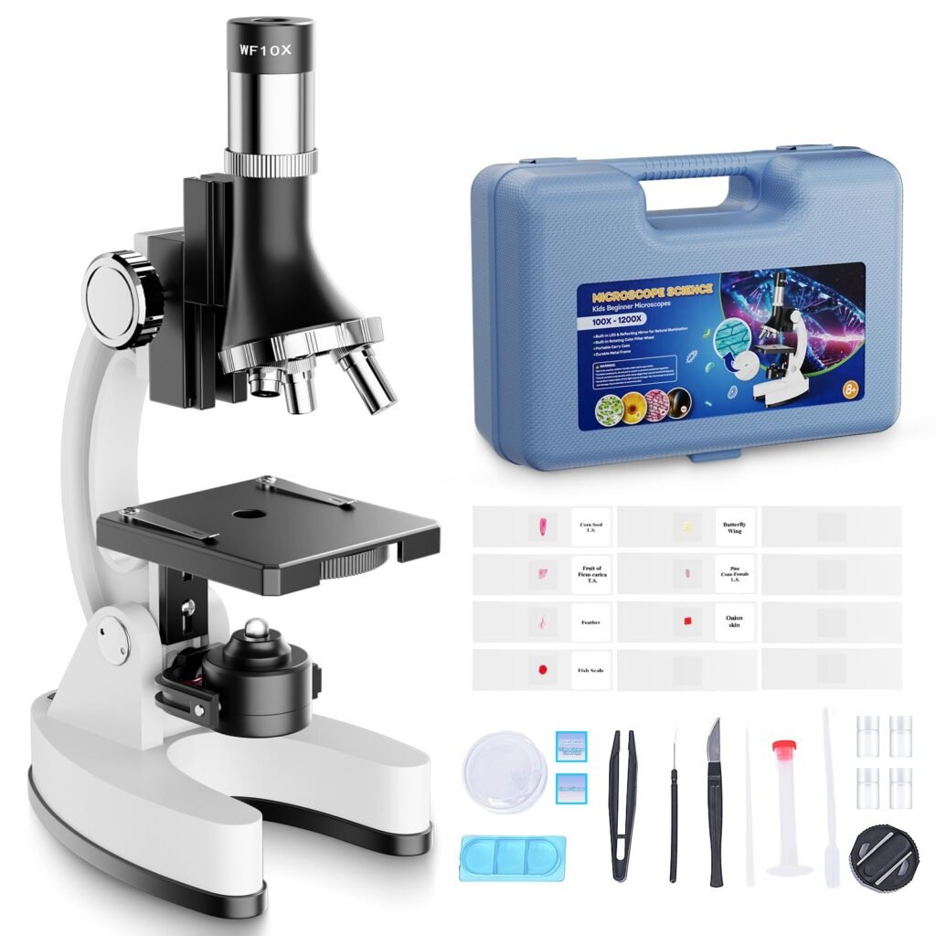 MAXLAPTER 100X-1200X Kids Microscope Kit: Children Microscopes for Nature Exploration STEM Science - Microscopio with Metal Frame Slides LED Light Portable Carrying Box for Student Beginner