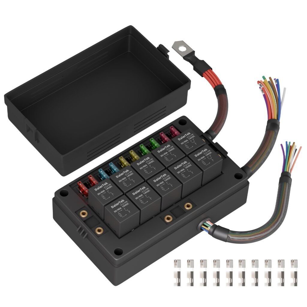 DaierTek Relay Box 12V 10 Way Relay Block and 10 Way ATC/ATO Blade Fuse Panel Pre-Wired Dustproof