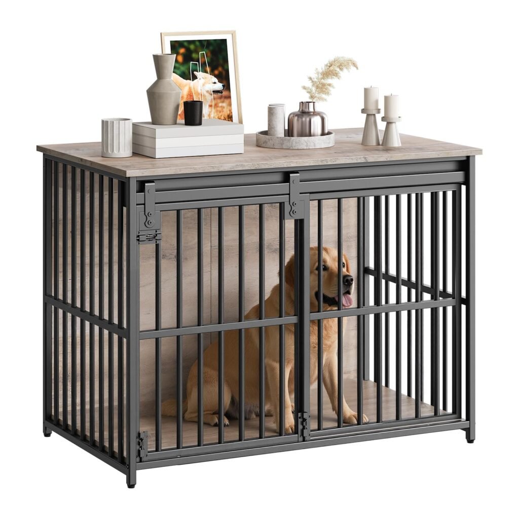 HOOBRO Dog Crate Furniture, 36.6" Heavy Duty Dog Kennel with Sliding Barn Door, Wooden Dog Cage Indoor, Decorative Side End Table for Small/Medium Dogs, Greige and Black GY162GW03G1