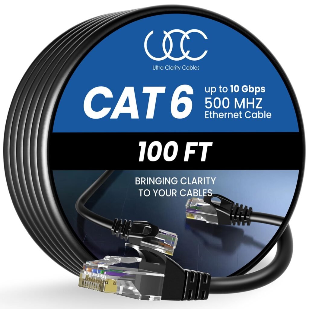 Ultra Clarity Cables Cat 6 Ethernet Cable 100 ft, Outdoor&Indoor 10Gbps Ethernet Cable, High Speed Cat6 Cable RJ45 LAN Internet Cable for Computer, Router, Modem, PS4/5, Xbox, Gaming - Black