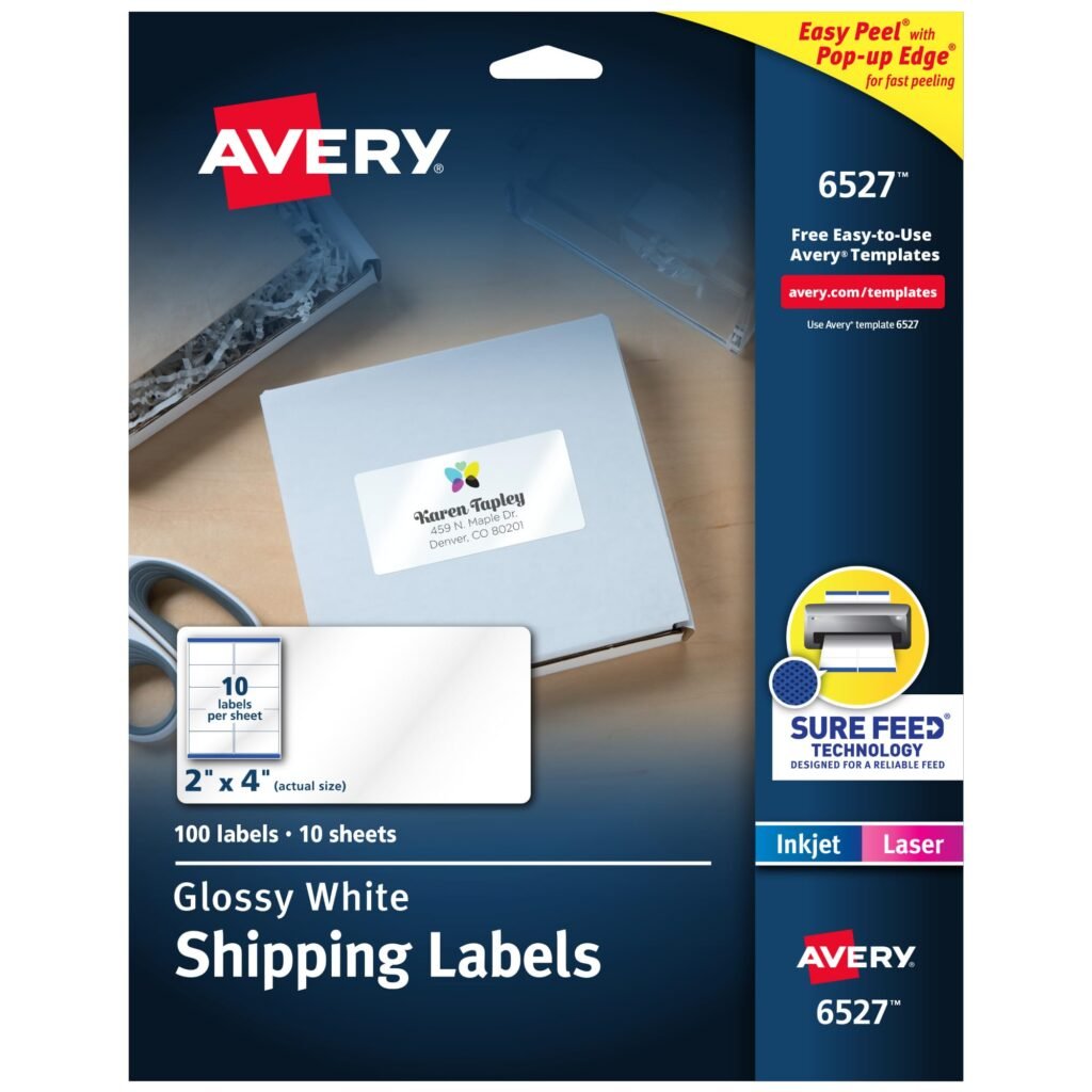 Avery Shipping Labels, Sure Feed and Easy Peel Technology, Glossy White Labels, 2" x 4", Permanent