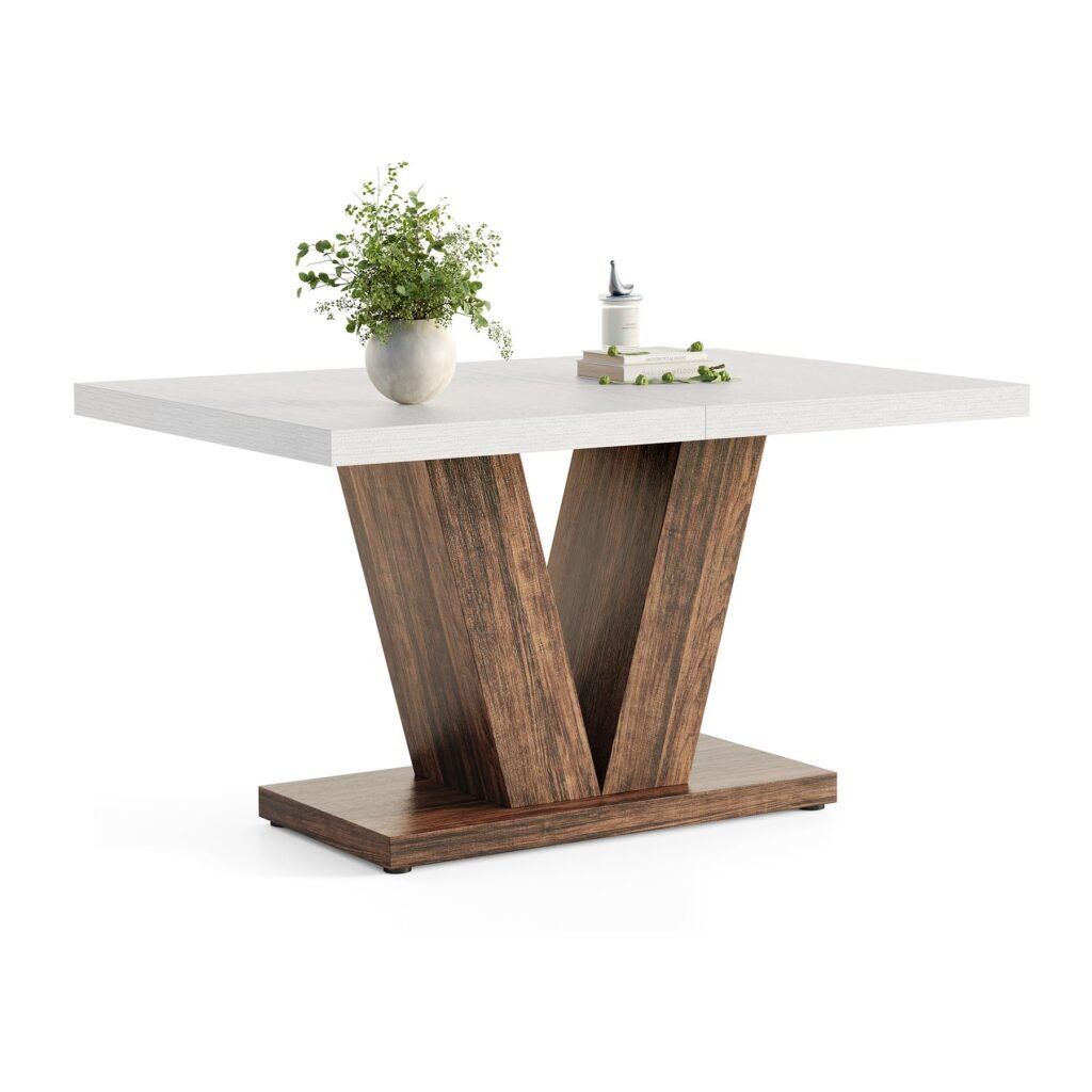 LITTLE TREE 47 Inches Dining Table for 4, Modern Dining Room Tables, White Rectangle Kitchen Table with Rustic Brown V-Shaped Pedestal, Wooden Dinner Table for Dining Room, Kitchen, Living Room