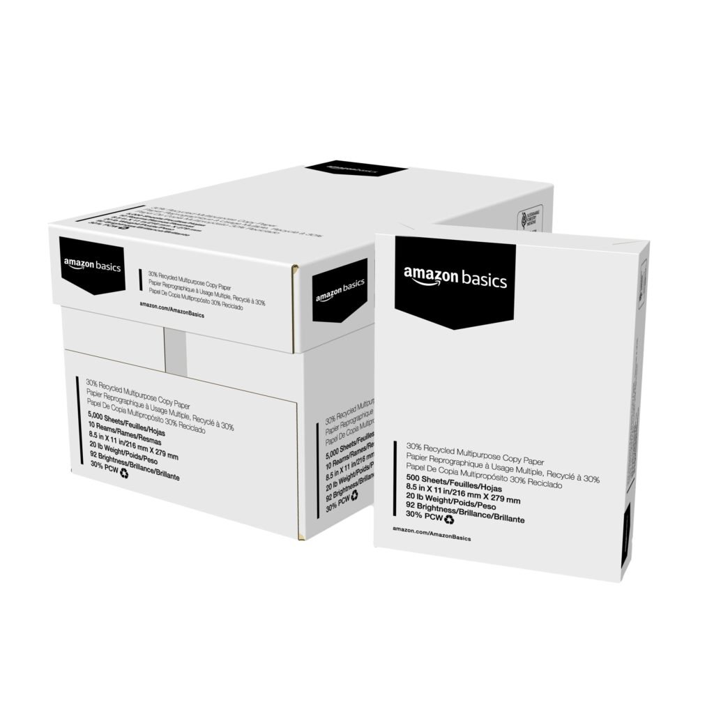 Amazon Basics 30% Recycled Multipurpose Copy Printer Paper, 8.5 x 11 Inches, 20 lb, 10 Ream, (5,000 Sheets), 92 Bright, White