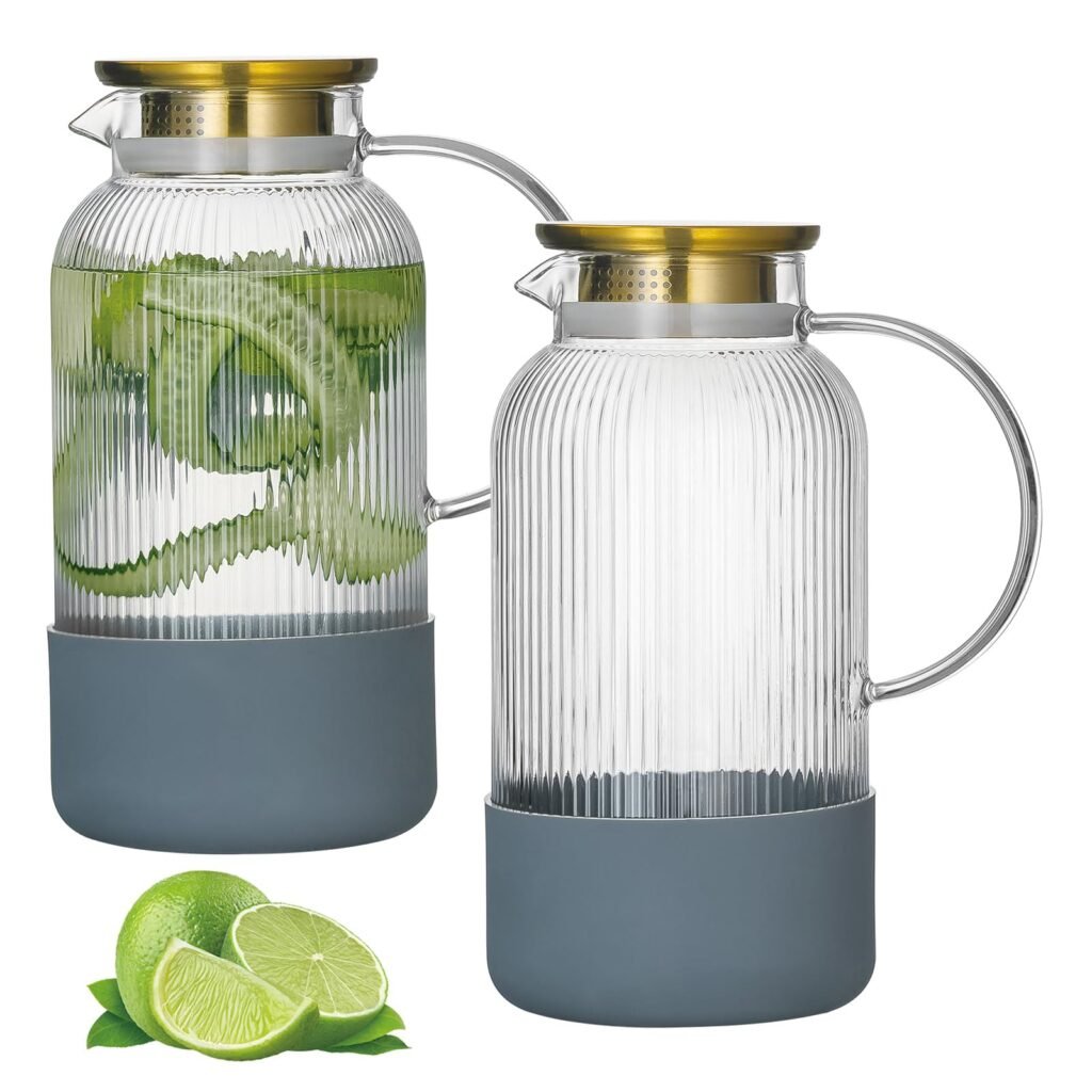 Buaic 2 PACK Glass Pitcher with Lid, 68 oz/ 2 Liter Classic Vertical Stripes Water Pitcher with