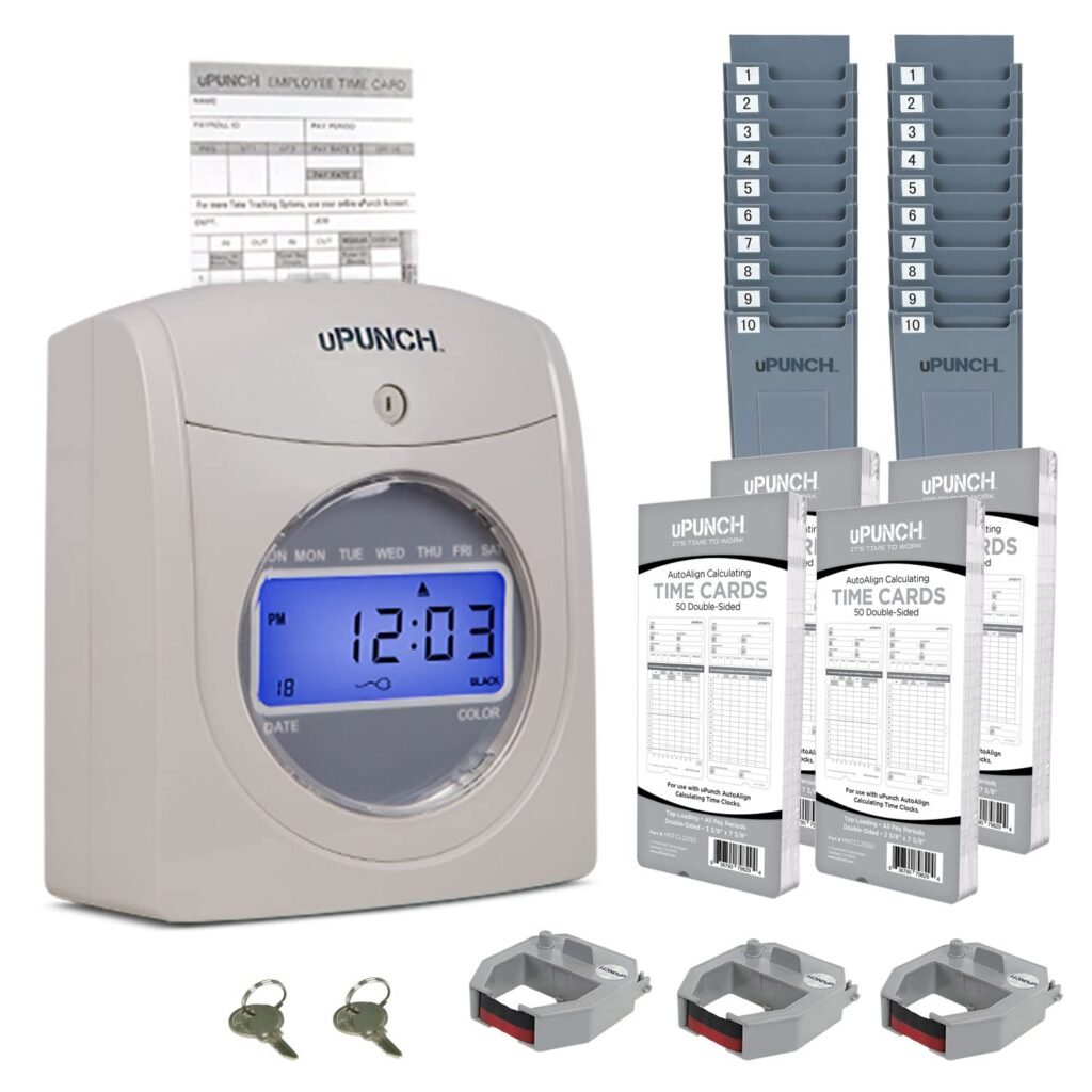 uPunch HN4500 Advanced Calculating Time Clock Bundle for Small Business: Complete Employee Time Tracking System with 200 Time Cards, Racks, Ribbons, and Keys