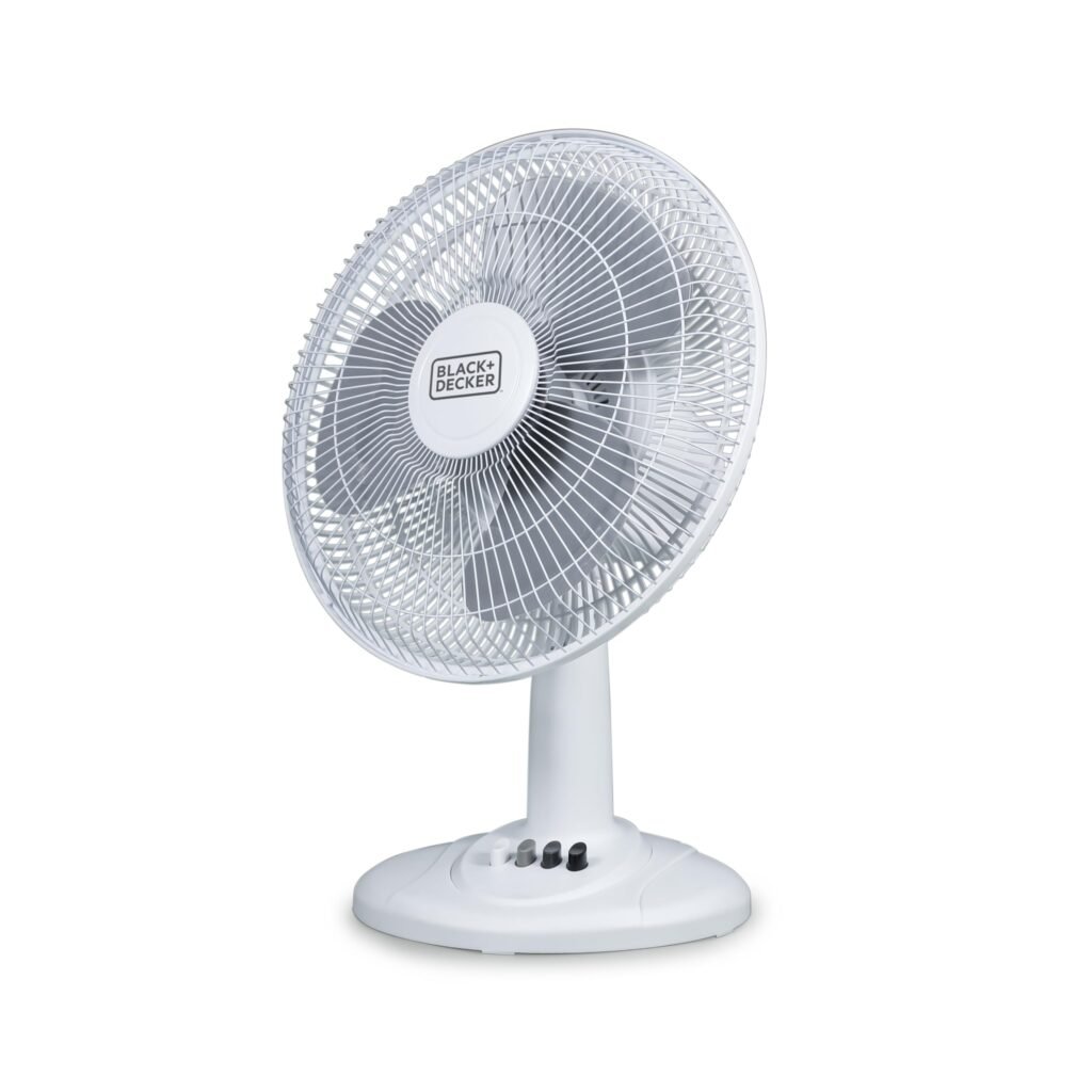BLACK+DECKER Desk Fan for Home and Office, 12” Fan with 3 Speed Settings, Oscillating Portable Fan for Office Desk, Table Top and Kitchen Table with Adjustable Tilt, White